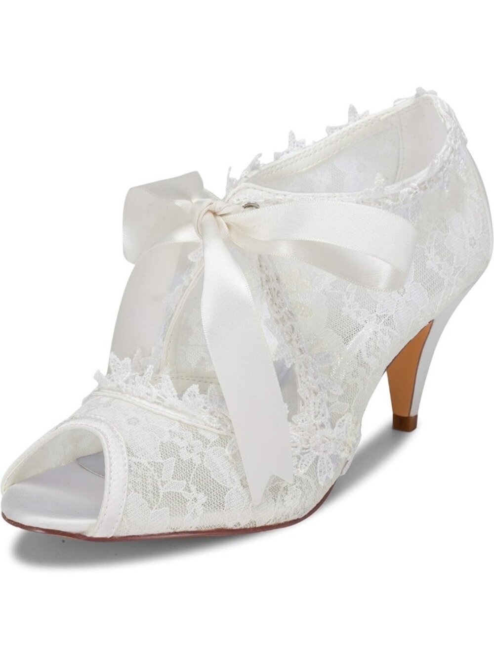 Elegant Peep Toe Bridal Pumps, 2.6" Cone Heel, Lace Satin, Ribbon Tie Wedding